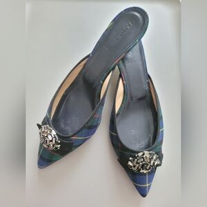 J. Crew Tartan Holiday Plaid Jeweled Pointy Toe Kitten Heel Slide On Mules  8.5